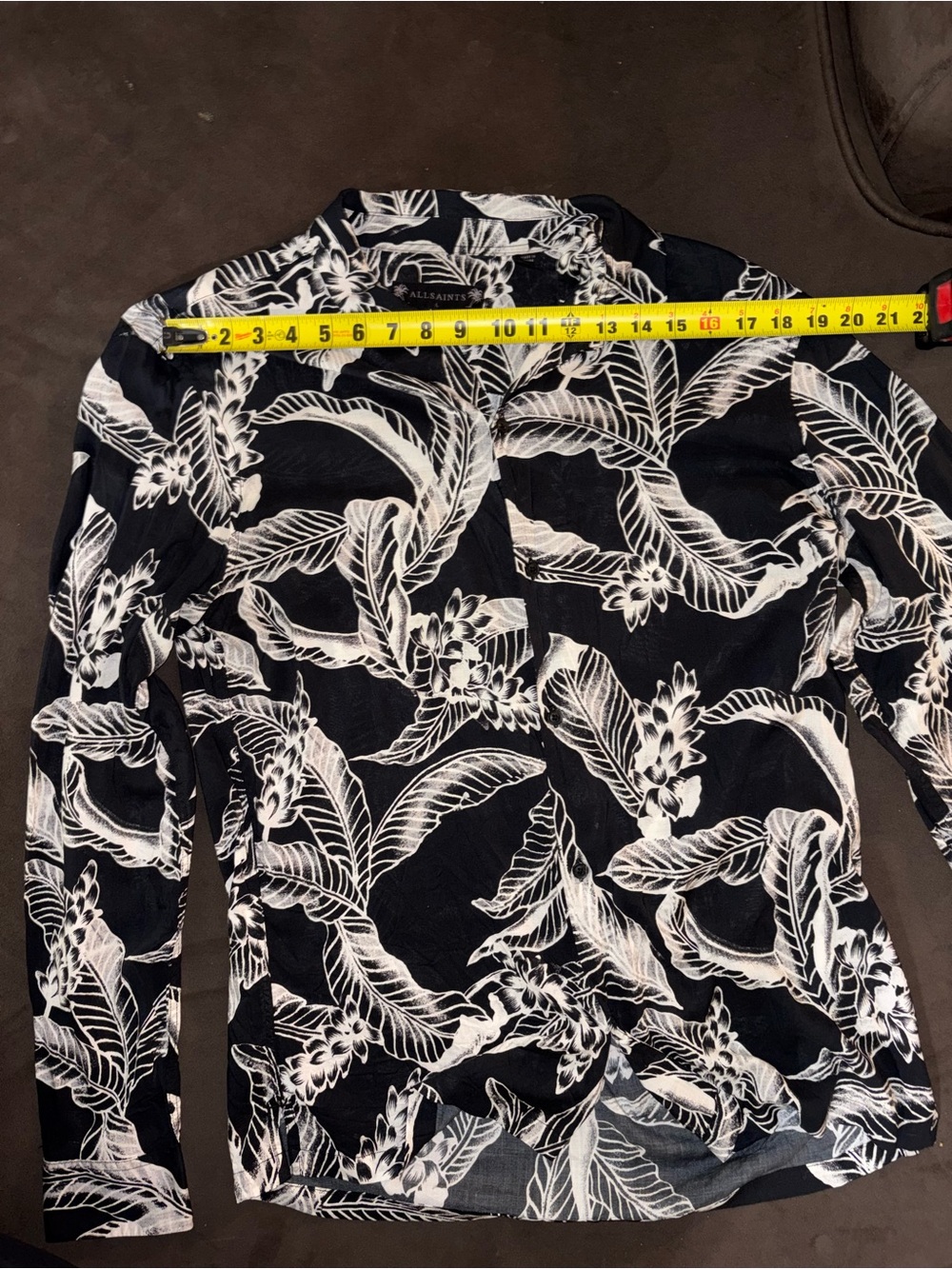 AllSaints Kahuna Shirt Black White Floral Palm Camp Viscose Long Sleeve Size L - Picture 4 of 7